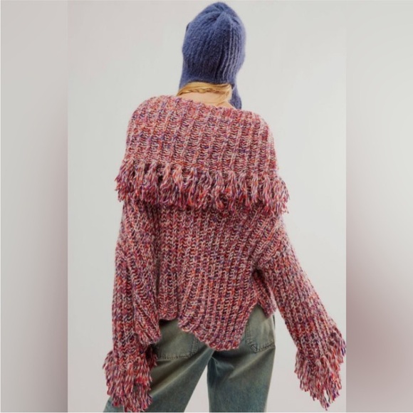 Free People One Kinsley Fringe Woven Cowl Neck Foldover Sweater - Picture 5 of 6